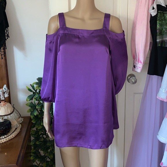 Purple cold shoulder silky draped tunic babydoll top S M - Picture 4 of 8
